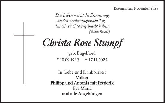 Traueranzeige von Christa Rose Stumpf von Haller Tagblatt