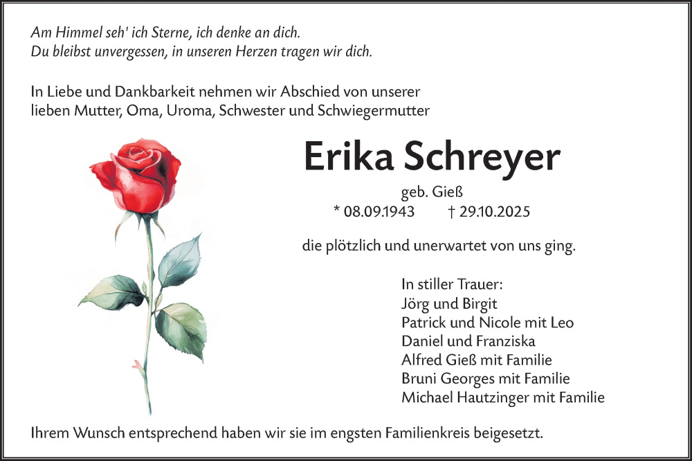 Traueranzeige für Erika Schreyer vom 08.11.2025 aus Hohenloher Tagblatt