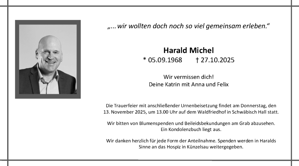  Traueranzeige für Harald Michel vom 04.11.2025 aus Haller Tagblatt