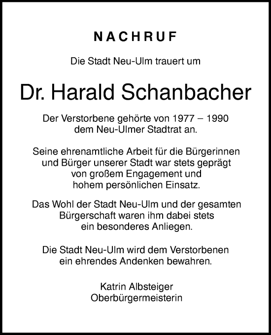 Traueranzeige von Harald Schanbacher von SÜDWEST PRESSE Ausgabe Ulm/Neu-Ulm