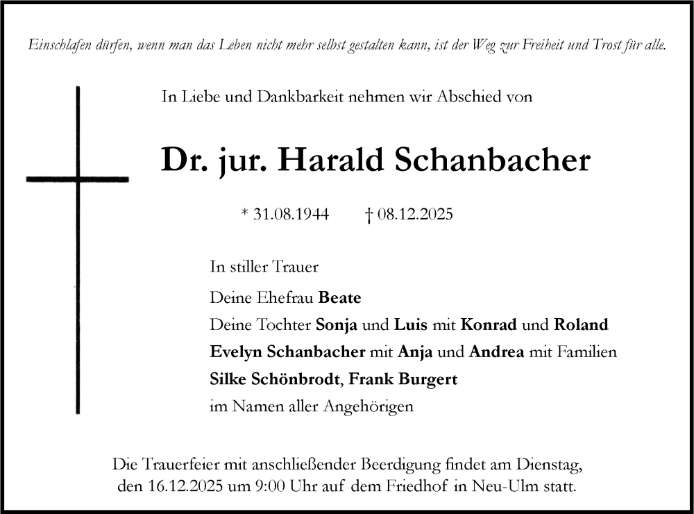  Traueranzeige für Harald Schanbacher vom 13.12.2025 aus SÜDWEST PRESSE Ausgabe Ulm/Neu-Ulm