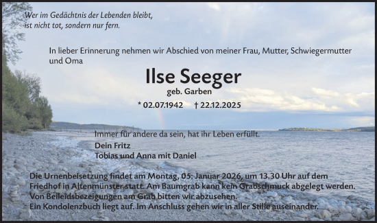 Traueranzeige von Ilse Seeger von Hohenloher Tagblatt