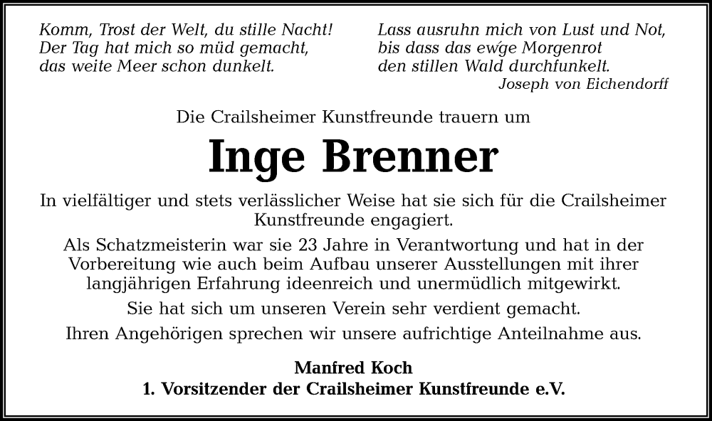  Traueranzeige für Inge Brenner vom 27.12.2025 aus Hohenloher Tagblatt