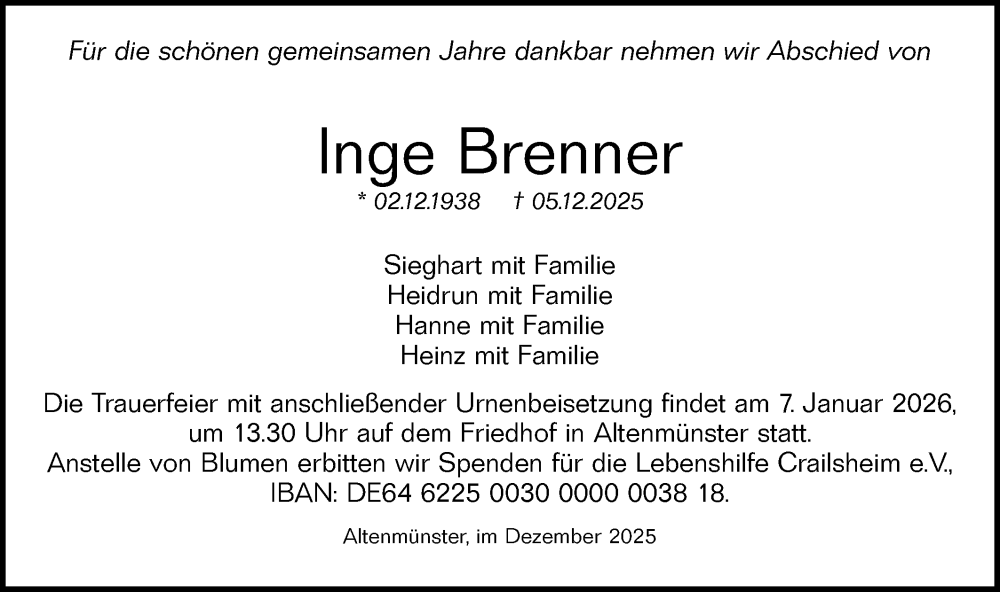  Traueranzeige für Inge Brenner vom 27.12.2025 aus Hohenloher Tagblatt