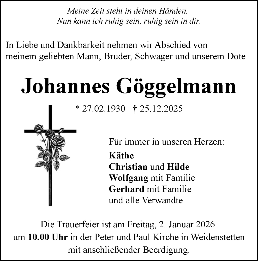  Traueranzeige für Johannes Göggelmann vom 30.12.2025 aus SÜDWEST PRESSE Ausgabe Ulm/Neu-Ulm