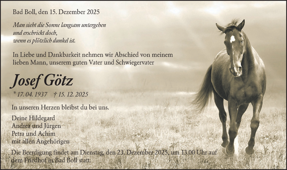  Traueranzeige für Josef Götz vom 18.12.2025 aus NWZ Neue Württembergische Zeitung