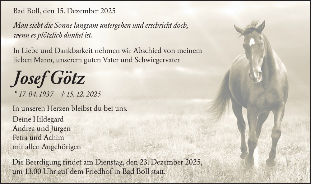  Traueranzeige für Josef Götz vom 20.12.2025 aus NWZ Neue Württembergische Zeitung