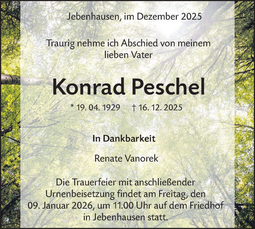  Traueranzeige für Konrad Peschel vom 30.12.2025 aus NWZ Neue Württembergische Zeitung