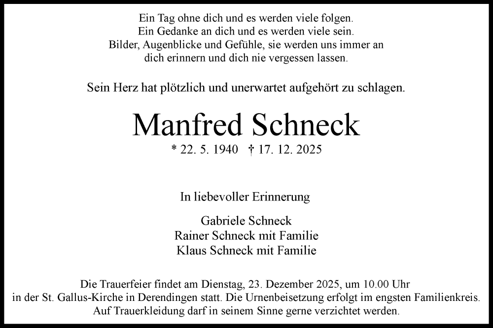  Traueranzeige für Manfred Schneck vom 20.12.2025 aus Schwäbische Tagblatt