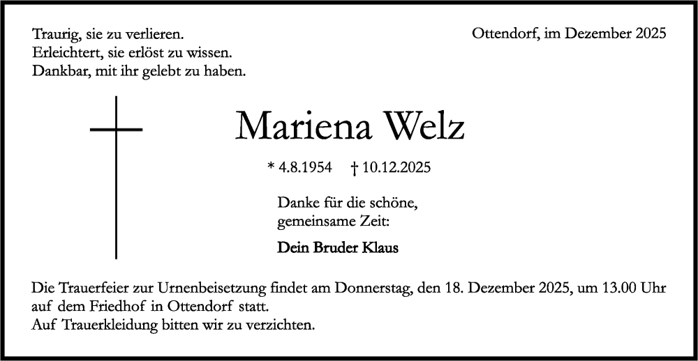  Traueranzeige für Mariena Welz vom 15.12.2025 aus Rundschau Gaildorf