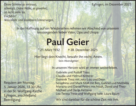 Traueranzeige von Paul Geier von Alb-Bote/Metzinger-Uracher Volksblatt