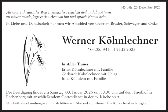 Traueranzeige von Werner Köhnlechner von Hohenloher Tagblatt