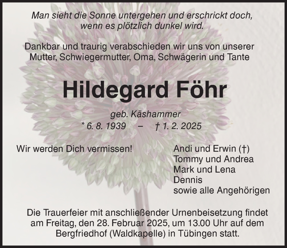  Traueranzeige für Hildegard Föhr vom 22.02.2025 aus Schwäbische Tagblatt