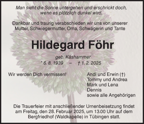 Traueranzeige von Hildegard Föhr von Schwäbische Tagblatt