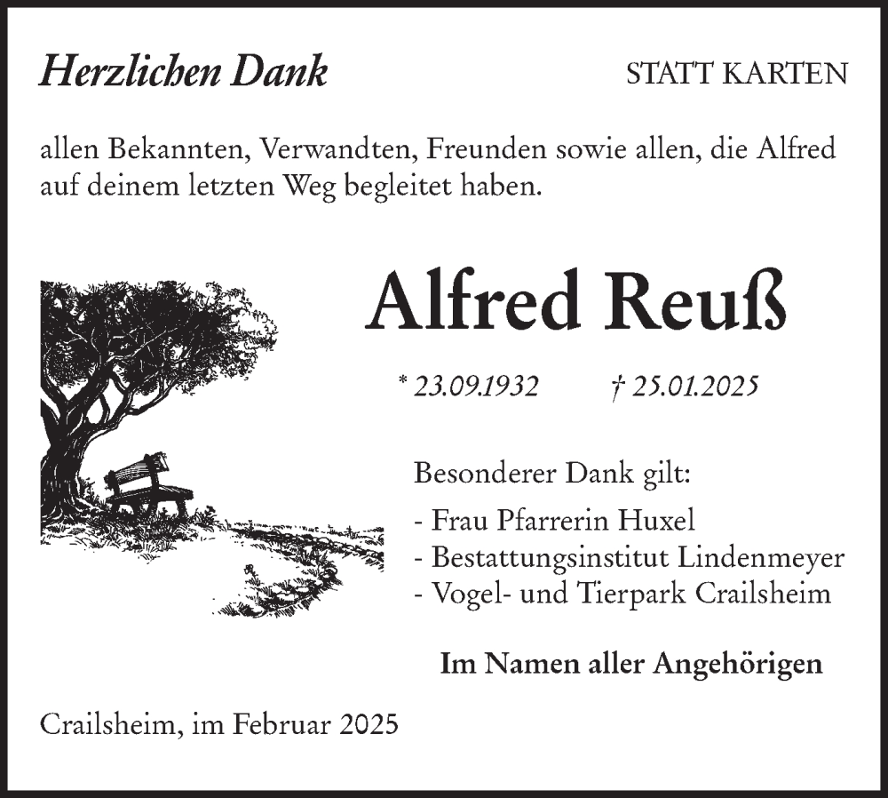  Traueranzeige für Alfred Reuß vom 15.02.2025 aus Hohenloher Tagblatt
