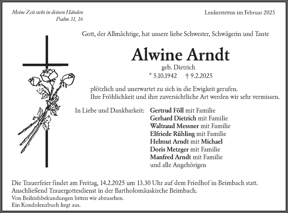  Traueranzeige für Alwine Arndt vom 12.02.2025 aus Hohenloher Tagblatt