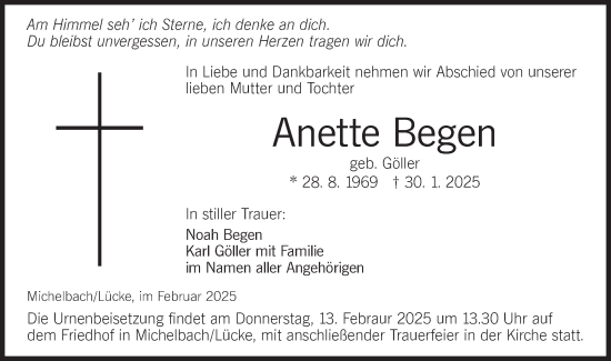 Traueranzeige von Anette Begen von Hohenloher Tagblatt