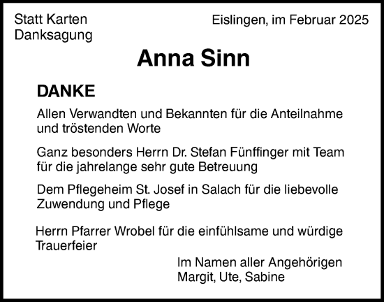 Traueranzeige von Anna Sinn von NWZ Neue Württembergische Zeitung