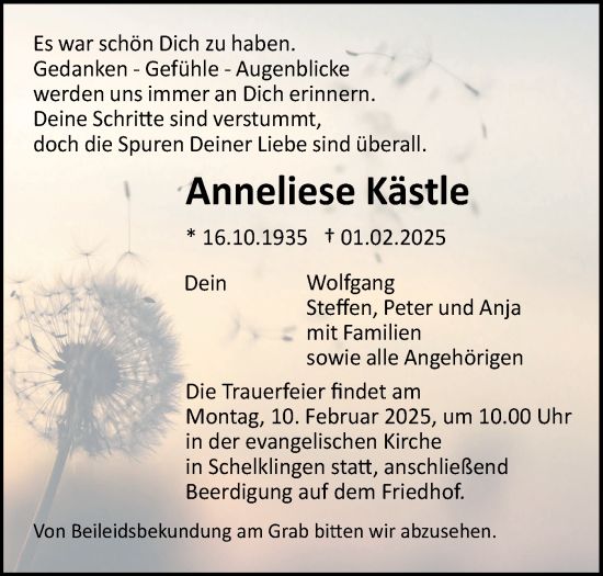 Traueranzeige von Anneliese Kästle von Ehinger Tagblatt