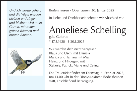 Traueranzeige von Anneliese Schelling von Schwäbische Tagblatt