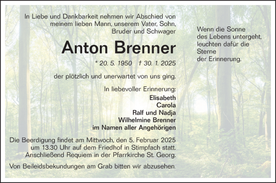 Traueranzeige von Anton Brenner von Hohenloher Tagblatt