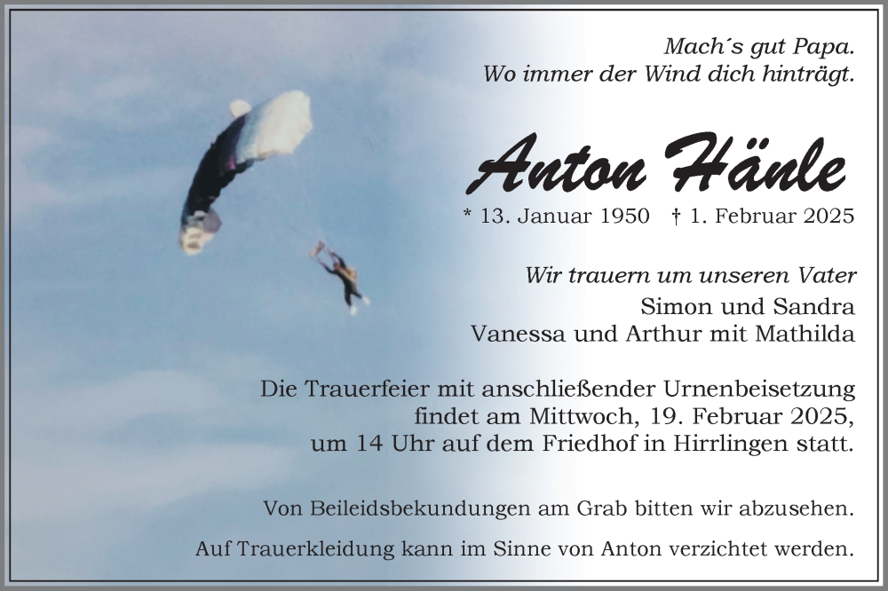  Traueranzeige für Anton Hänle vom 14.02.2025 aus Schwäbische Tagblatt