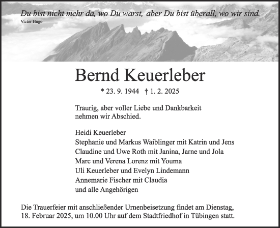 Traueranzeige von Bernd Keuerleber von Schwäbische Tagblatt