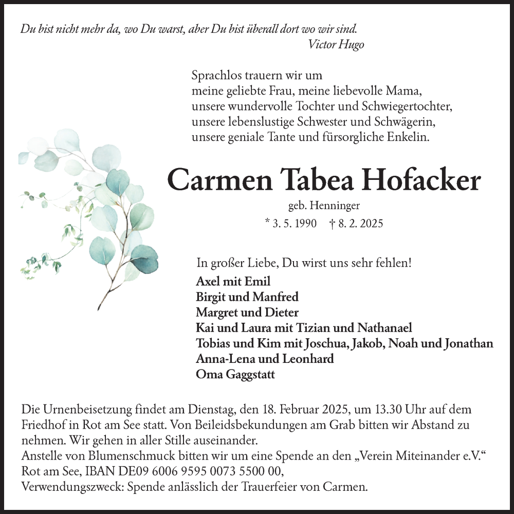  Traueranzeige für Carmen Hofacker vom 15.02.2025 aus Hohenloher Tagblatt
