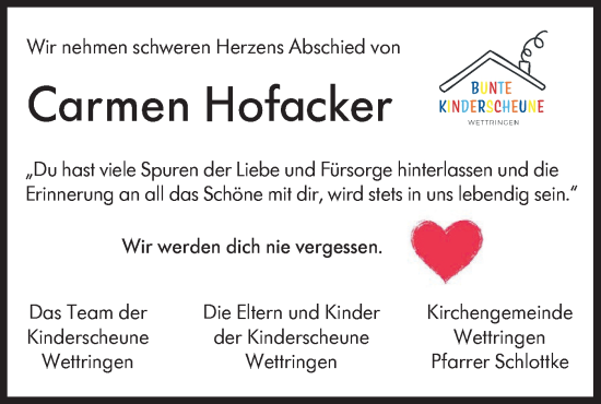 Traueranzeige von Carmen Hofacker von Hohenloher Tagblatt/Hohenloher Tagblatt