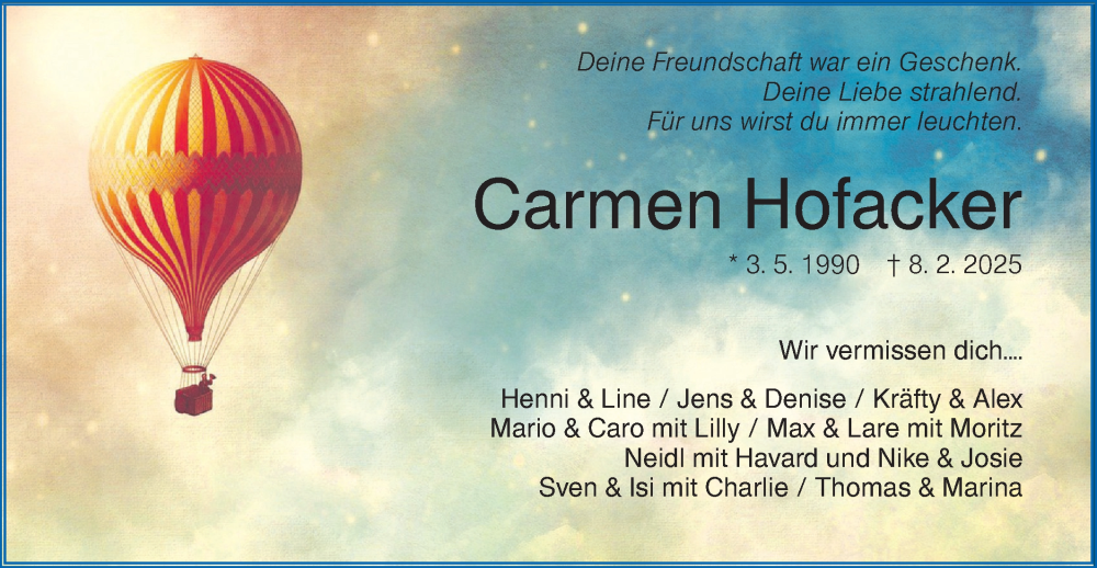  Traueranzeige für Carmen Hofacker vom 15.02.2025 aus Hohenloher Tagblatt