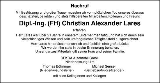 Traueranzeige von Christian Alexander Lares von SÜDWEST PRESSE Ausgabe Ulm/Neu-Ulm