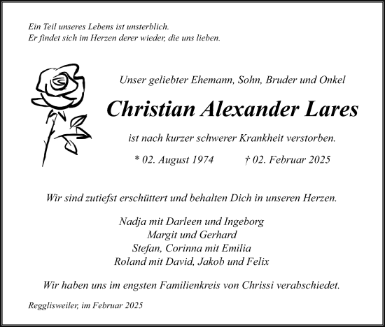 Traueranzeige von Christian Alexander Lares von SÜDWEST PRESSE Ausgabe Ulm/Neu-Ulm