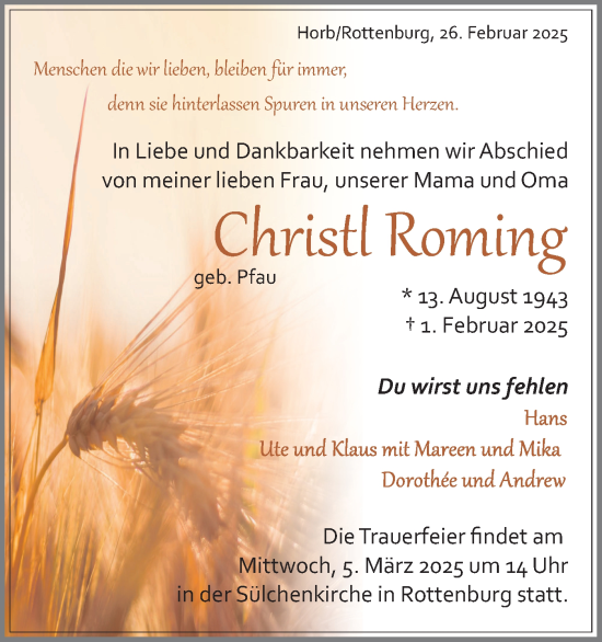 Traueranzeige von Christl Roming von Schwäbische Tagblatt