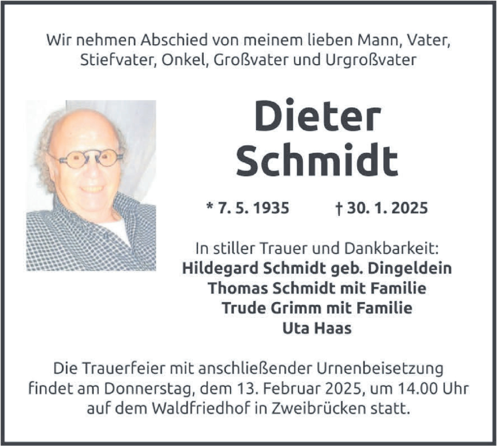  Traueranzeige für Dieter Schmidt vom 06.02.2025 aus Geislinger Zeitung