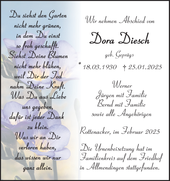 Traueranzeige von Dora Diesch von Ehinger Tagblatt