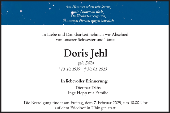 Traueranzeige von Doris Jehl von NWZ Neue Württembergische Zeitung