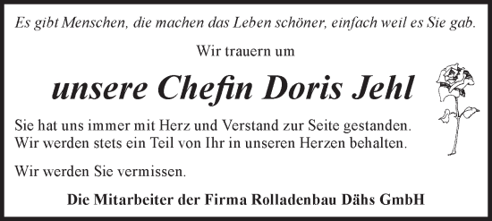 Traueranzeige von Doris Jehl von NWZ Neue Württembergische Zeitung