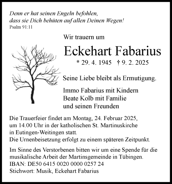 Traueranzeige von Eckehart Fabarius von Schwäbische Tagblatt