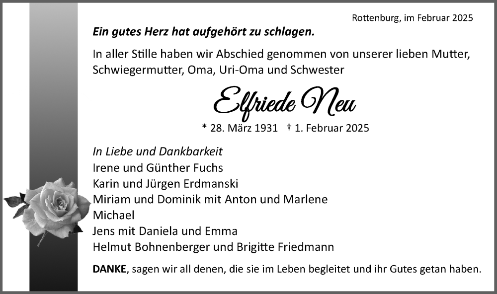  Traueranzeige für Elfriede Neu vom 22.02.2025 aus Schwäbische Tagblatt