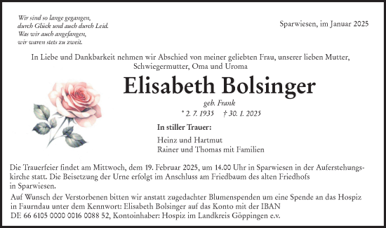 Traueranzeige von Elisabeth Bolsinger von NWZ Neue Württembergische Zeitung