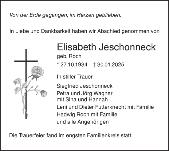 Traueranzeige von Elisabeth Jeschonneck von SÜDWEST PRESSE Ausgabe Ulm/Neu-Ulm