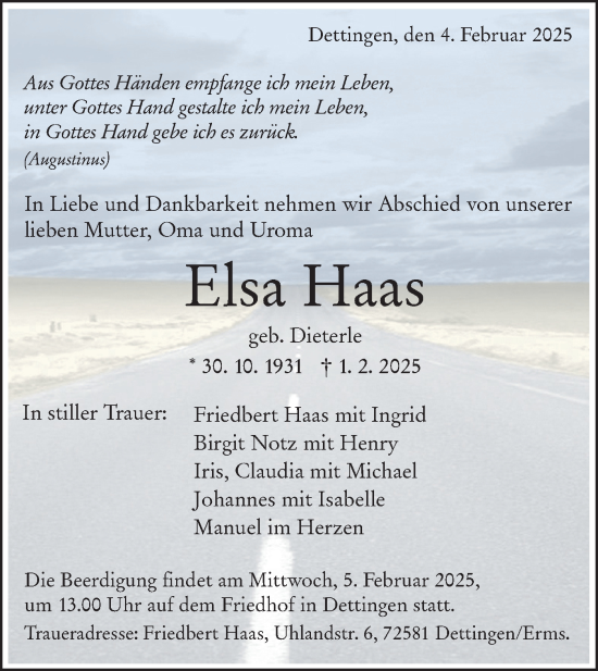 Traueranzeige von Elsa Haas von Alb-Bote/Metzinger-Uracher Volksblatt