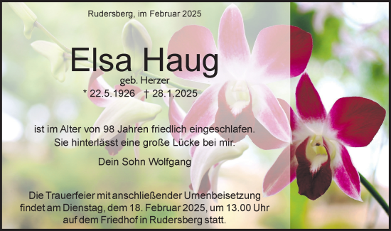 Traueranzeige von Elsa Haug von Schwäbische Tagblatt