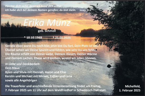Traueranzeige von Erika Münz von Haller Tagblatt