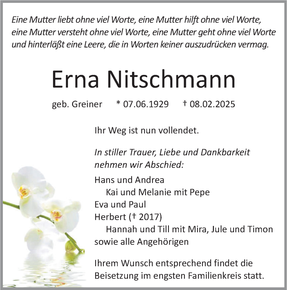  Traueranzeige für Erna Nitschmann vom 14.02.2025 aus Haller Tagblatt