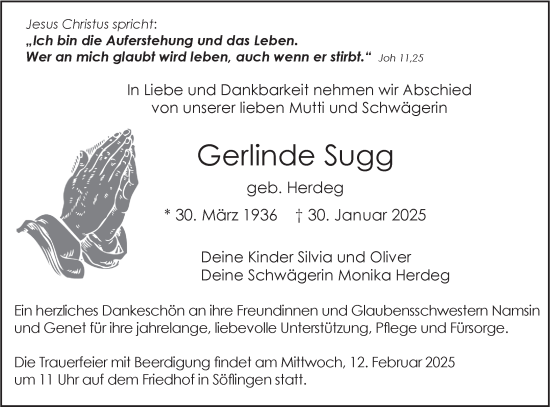 Traueranzeige von Gerlinde Sugg von SÜDWEST PRESSE Ausgabe Ulm/Neu-Ulm