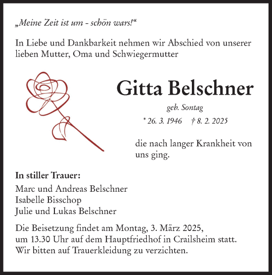 Traueranzeige von Gitta Belschner von Hohenloher Tagblatt
