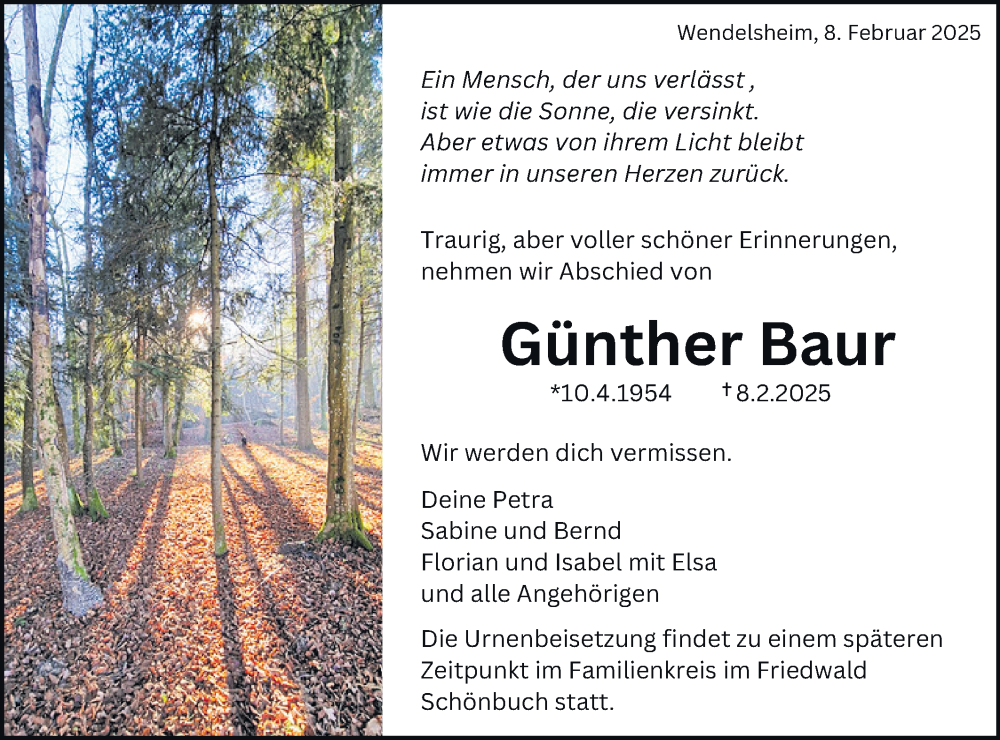  Traueranzeige für Günther Baur vom 14.02.2025 aus Schwäbische Tagblatt