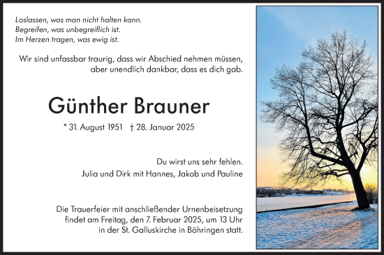 Traueranzeige von Günther Brauner von Alb-Bote/Metzinger-Uracher Volksblatt