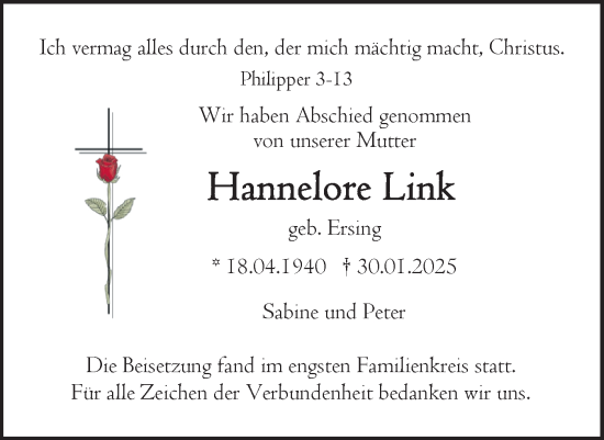Traueranzeige von Hannelore Link von Ehinger Tagblatt